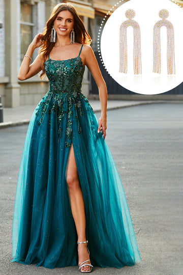 Gorgeous A Line Dark Green Appliques Long Ball Dress with Accessory